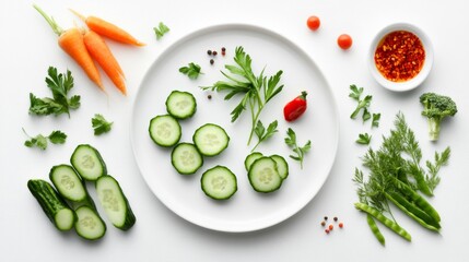 Poster - A minimalist flat lay of Thai chili paste with an assortment of raw vegetables like cucumbers, carrots, and green beans, neatly arranged on a clean white plate.