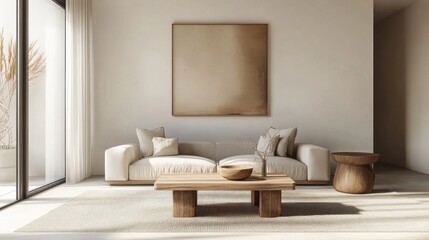 Poster - A minimalist living room with a neutral color palette, a simple wooden coffee table, and modern art on the walls
