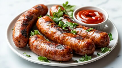 Poster - A minimalist presentation of sausages arranged neatly on a white plate, garnished with fresh herbs and accompanied by a small bowl of ketchup on a marble countertop.