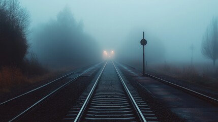 Poster - A misty morning scene with train tracks disappearing into the fog, creating a mysterious mood