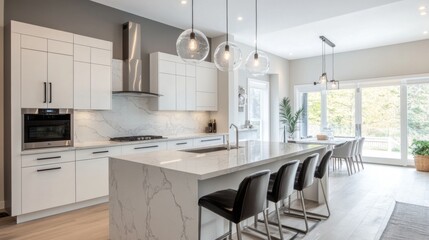 Poster - A modern kitchen with sleek white cabinets, a marble countertop, and stylish pendant lighting