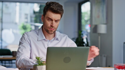 Poster - Serious ceo checking report at computer workplace closeup. Smart professional