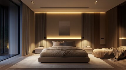 Aufkleber - A perfectly balanced minimalist bedroom with a muted color palette, soft lighting, and a cozy reading nook