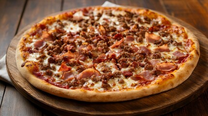 Aufkleber - A pizza with a variety of meats like sausage, ham, and bacon, topped with extra cheese, resting on a wooden table with a rustic cloth napkin.