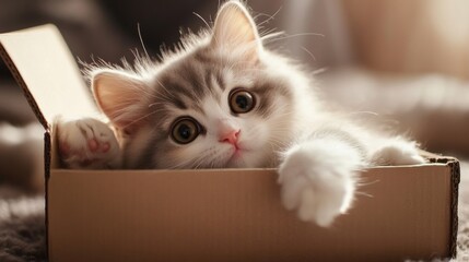 Aufkleber - A playful fat kitten exploring a cardboard box, its curious eyes and fluffy body adding a sense of adventure and fun to the cozy scene.