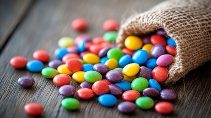 Leinwandbilder - A playful layout of rainbow-colored candies scattered on a wooden table, with a few candies spilling out of a small bag, creating a fun and inviting atmosphere.