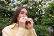 © New Africa - Woman with paper tissue suffering from seasonal pollen allergy near blossoming shrub on spring day, space for text