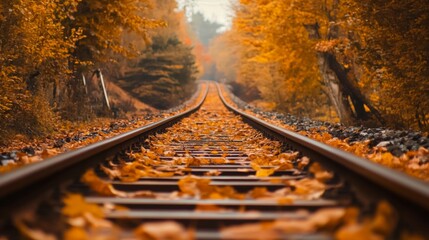 Poster - A railway track covered in autumn leaves, creating a warm and nostalgic atmosphere