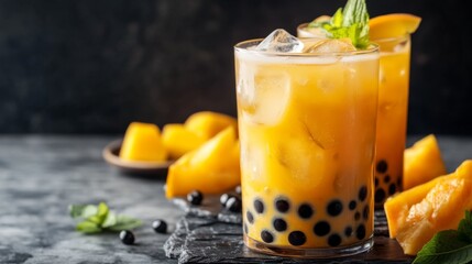 Poster - A refreshing glass of iced milk tea with large boba pearls and ice, surrounded by tropical fruit slices, evoking a summery and vibrant atmosphere.