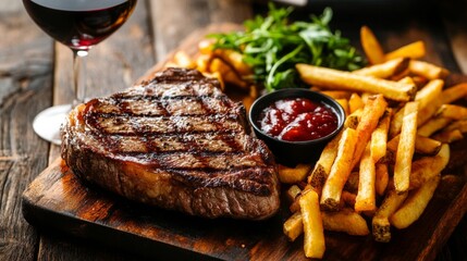 Poster - A rustic-style steakhouse meal with a large grilled steak, crispy fries, and a glass of red wine