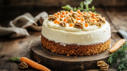 Poster - A rustic carrot cake topped with cream cheese frosting, adorned with walnuts and fresh carrots, placed on a wooden board with a cozy kitchen backdrop.