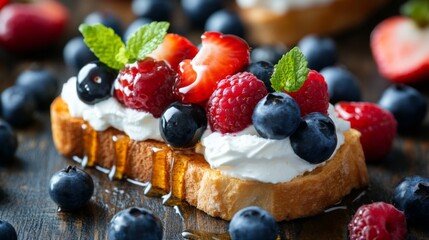 Poster - A rustic wooden table with a slice of toasted bread topped with fresh berries and whipped cream, drizzled with honey, creating a delicious and inviting dessert presentation.