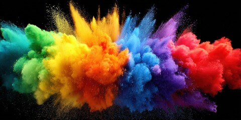 Poster - Vibrant burst of multicolored powder exploding dynamically against a black background.
