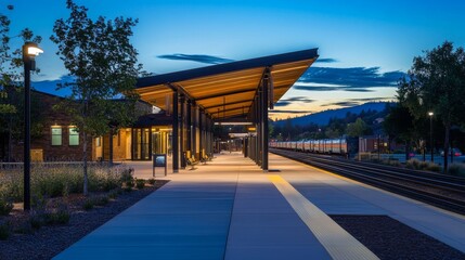 Poster - A scenic view of a modern electric train station illuminated at night, with architectural lighting highlighting the structure and creating a welcoming atmosphere.