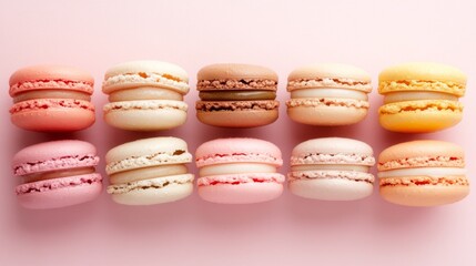 Poster - A set of macarons in pastel shades placed in a grid pattern on a light pink background, creating a pleasing visual contrast of colors and textures.