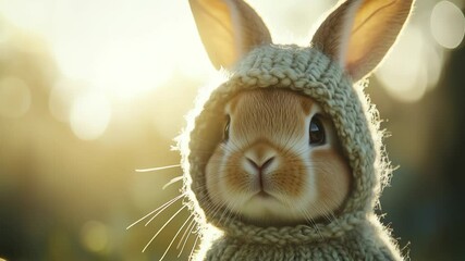 Wall Mural - A rabbit wearing a knitted hood stands outdoors in bright lighting. The focus is on the animal's face with large eyes and whiskers, conveying a calm appearance.