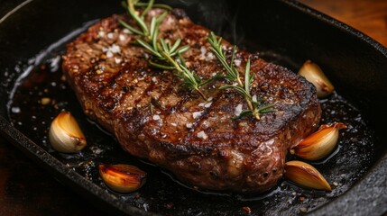 Aufkleber - A sizzling steak on a cast-iron skillet with garlic cloves and sprigs of rosemary