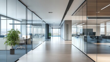 Poster - A sleek and modern office hall with glass partitions, contemporary furniture, and an open layout