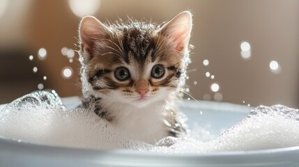 Poster - A small kitten being bathed in a plastic basin, with soft bubbles surrounding it