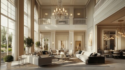 Aufkleber - A spacious luxury villa living room with high ceilings, elegant chandeliers, and a sophisticated neutral color scheme