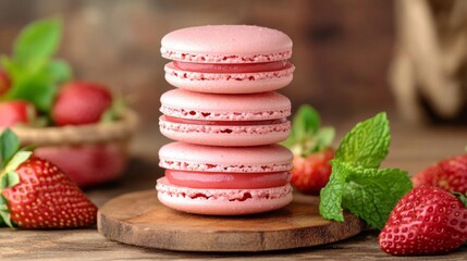 Poster - A stack of strawberry macarons with a soft pink hue, placed on a vintage wooden board, with fresh strawberries and mint leaves in the background.