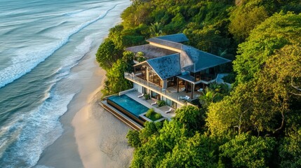 Poster - A stunning aerial view of a nautical-style beach house, nestled between lush greenery and a breathtaking ocean view