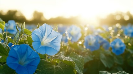 Poster - A stunning view of a field of morning glories adorned with droplets, capturing the freshness of dawn and the beauty of these climbing flowers in bloom.
