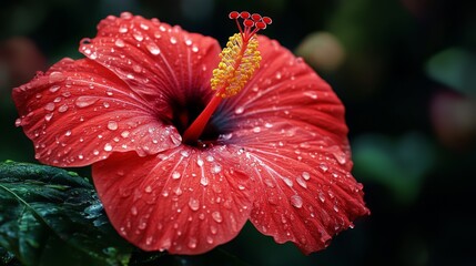 Poster - A stunning red hibiscus flower covered in fresh raindrops, adding depth to its petals