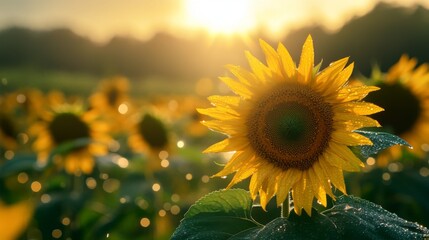 Poster - A sunflower field after a light drizzle, with water droplets glistening in the sun