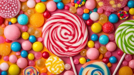Leinwandbilder - A top-down view of assorted candy drops and lollipops arranged in a circular pattern