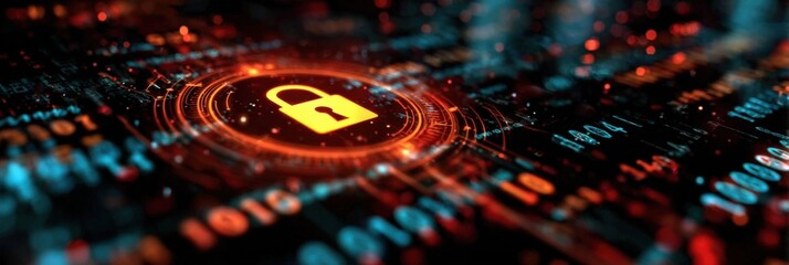 Poster - A digital padlock icon signifies cybersecurity and data protection amidst a high-tech, futuristic interface filled with glowing circuits and binary code.