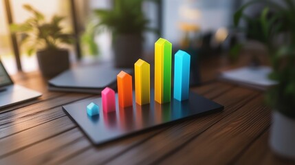 Leinwandbilder - A top-down view of a D bar graph with gradient-colored bars, illustrating increasing data values, against a soft-focus background of office elements for a corporate feel.
