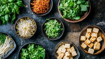 Poster - A top-down view of a meal prep scene featuring fresh ingredients, including bean sprouts, tofu, and greens