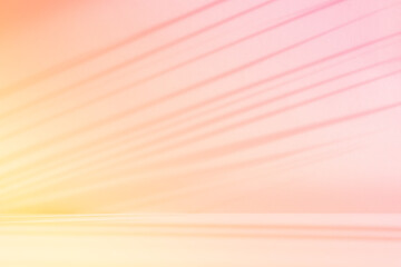 Fototapete - Abstract pink color gradient studio background for product presentation. Empty orange room with shadows of window and palm leaves. 3d yellow room with copy space. Summer concept. Blurred backdrop.