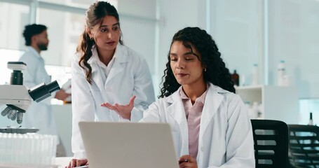 Poster - Research, science and women in lab, laptop and communication for vaccine development. Medical, scientist and employees in workplace, cooperation and pc with email and feedback for biotech experiment