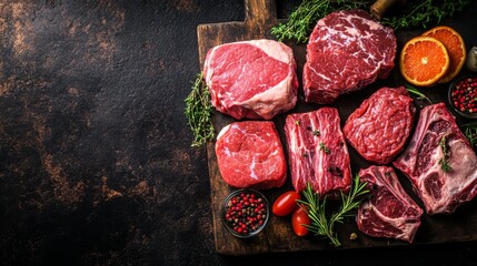 Poster - A top-down view of different raw meat cuts, neatly arranged on a dark rustic background