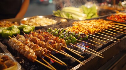 Poster - A traditional Thai grill with skewered meats and vegetables, sizzling over charcoal, showcasing the vibrant street food culture of Thailand.