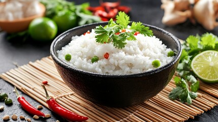 Poster - A traditional Thai setting with a bowl of rice porridge placed on a bamboo mat, accompanied by fresh ingredients like coriander and lime, creating a rustic look.