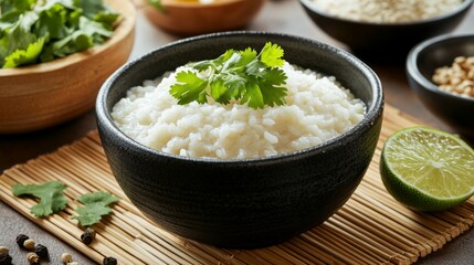 Poster - A traditional Thai setting with a bowl of rice porridge placed on a bamboo mat, accompanied by fresh ingredients like coriander and lime, creating a rustic look.
