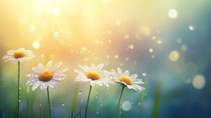 Poster - A tranquil scene of a bunch of daisies with water droplets, captured in soft morning light, creating an ethereal and peaceful atmosphere in a natural setting.