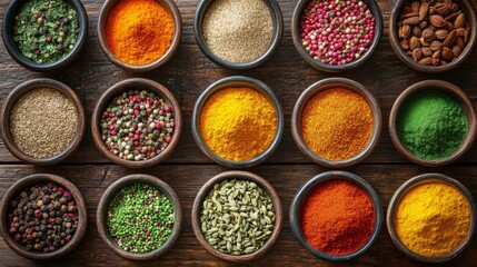 Poster - A vibrant assortment of spices in small bowls on a wooden table, with colorful labels and textures, capturing the diversity and richness of flavors in cooking.