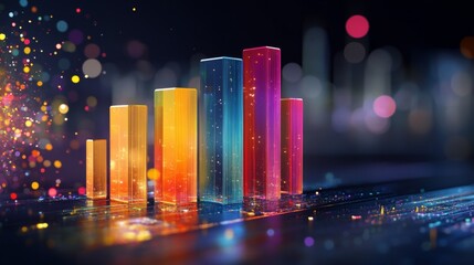Aufkleber - A vibrant D bar graph with colorful bars rising at various heights, displayed on a sleek dark background, showcasing data visualization in a modern business context.