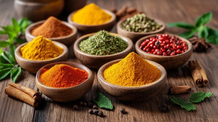 Poster - A vibrant assortment of spices in small bowls on a wooden table, with colorful labels and textures, capturing the diversity and richness of flavors in cooking.