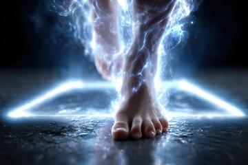Poster - Feet stepping into luminous energy on a dark, reflective surface creating a mystical atmosphere