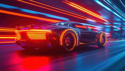 Aufkleber - Dynamic Light Trails: Slow Traffic, High Speed Cyberpunk Neon With Focus And Motion. Artistic Motion Effect In Light Photography.