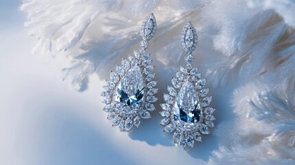 Poster - Close-up of intricate diamond drop earrings resting on a white background, highlighting the sparkling gems and delicate craftsmanship.