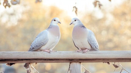 Poster - Close-up of two doves sitting side by side on a wooden fence, feathers soft and delicate, conveying warmth and companionship.
