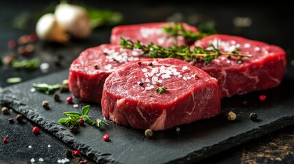 Aufkleber - Fresh raw beef steaks on a black slate plate, garnished with herbs and coarse salt