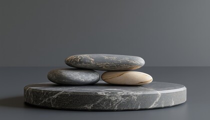 Poster - Dark Composition Of Stones With Ure For Elegant Podium Setup - A Sophisticated Arrangement Of Stones Perfect For Enhancing Any Podium.