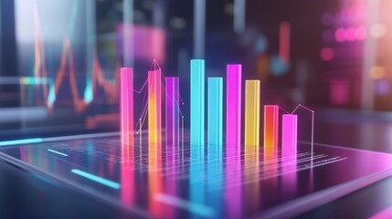 Poster - Interactive D bar graph with dynamic colors and heights, positioned on a glass table, surrounded by digital interface elements, illustrating data trends.